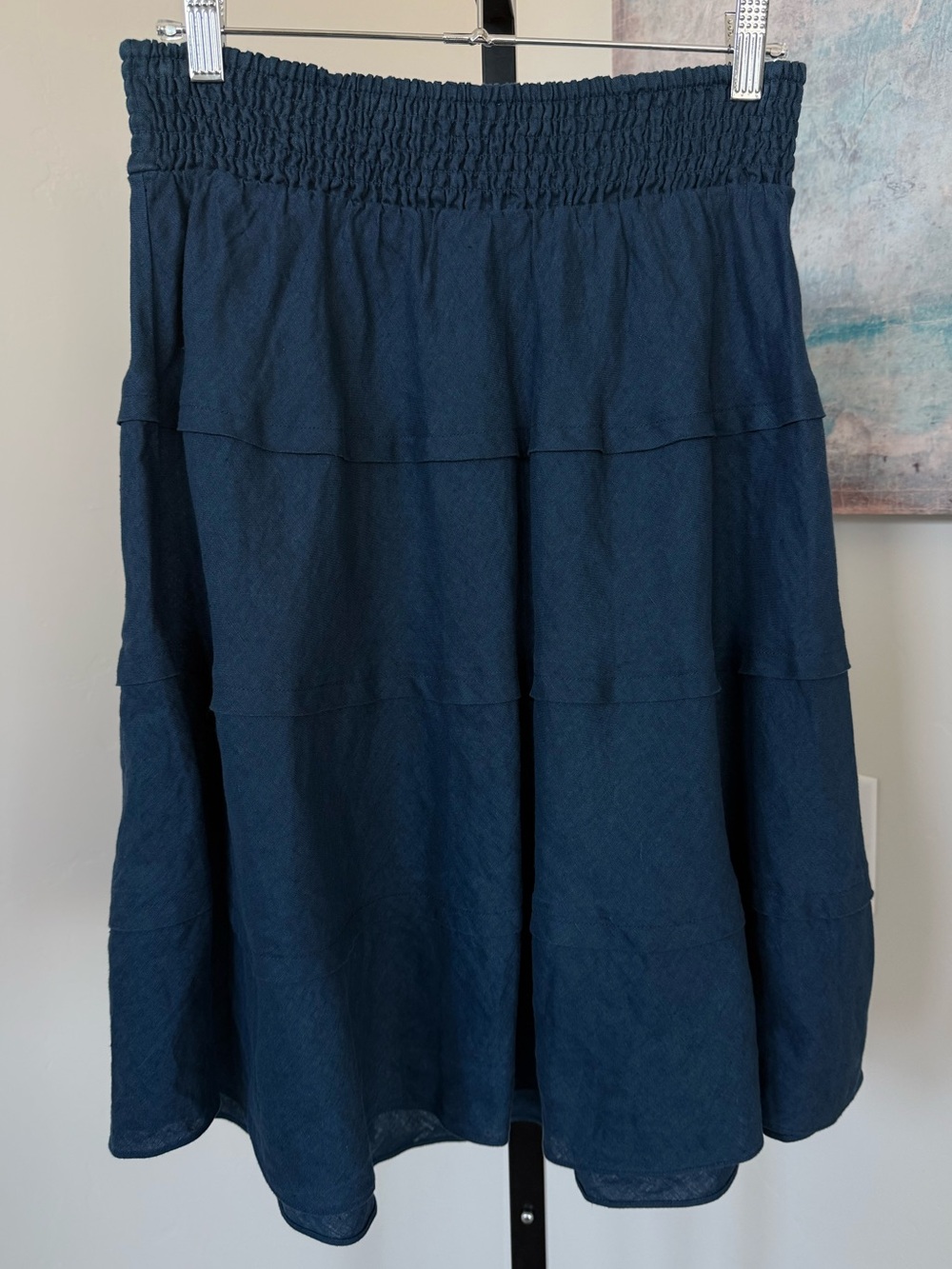 NEW Soft Surroundings 100% Linen Tiered Midi Skirt Navy Blue Smocked Waist S